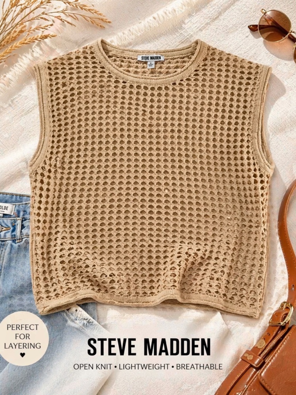 Steve Madden Crochet Tank Top Beige Open Knit Sleeveless Boho Layering Top Large